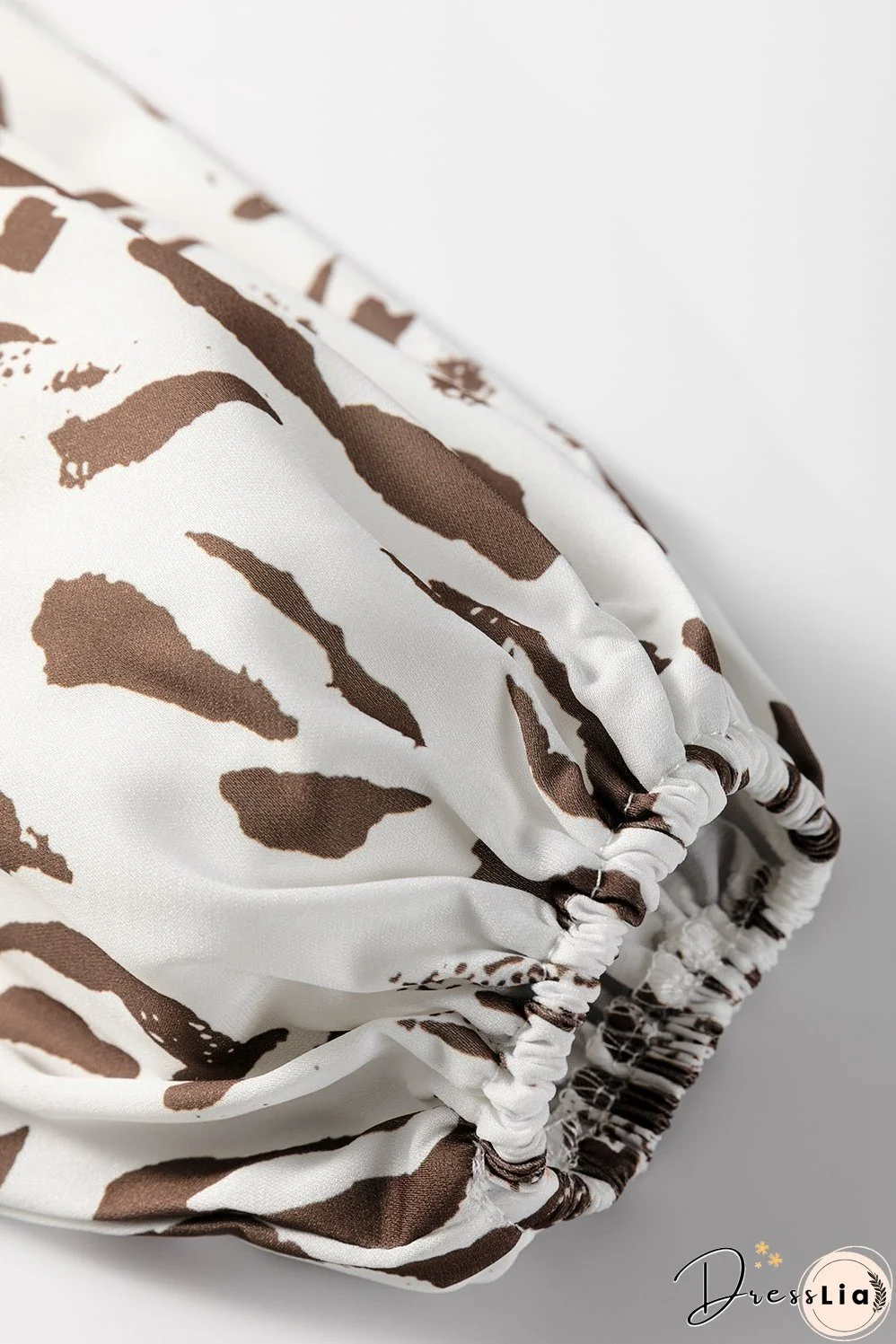 Khaki Leopard Print Split Neck Balloon Sleeve Blouse