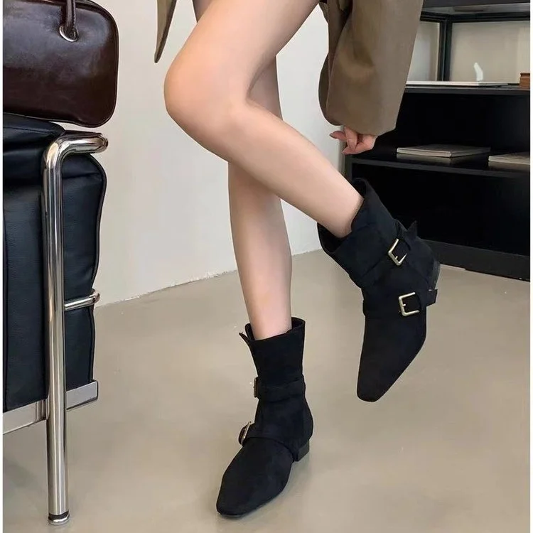 Yyvonne New Autumn Korean Version Of The Sharp-Headed Velvet Belt Buckle Boots Coarse And Middle Heels Brown Western Cowboy Boots