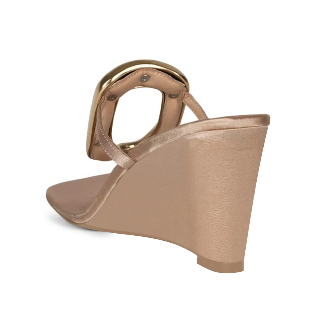 Beige Satin Square Toe Golden Buckle Sandals with Wedge Heels
