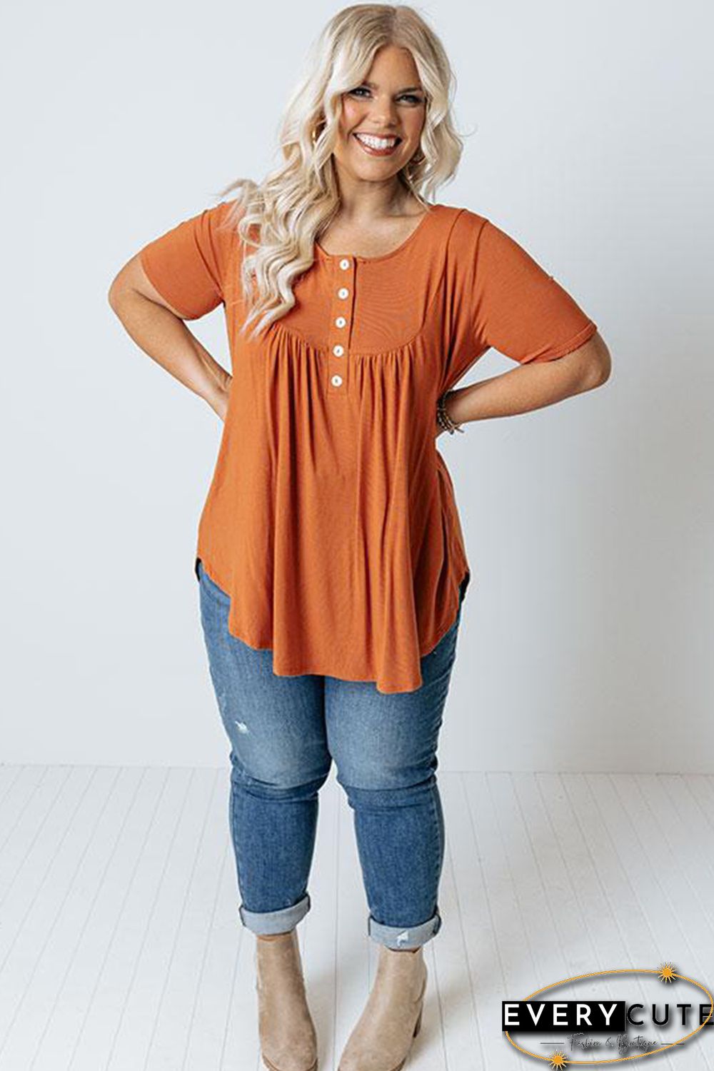 Orange Buttons Ruched O Neck Short Sleeve Plus Size Top