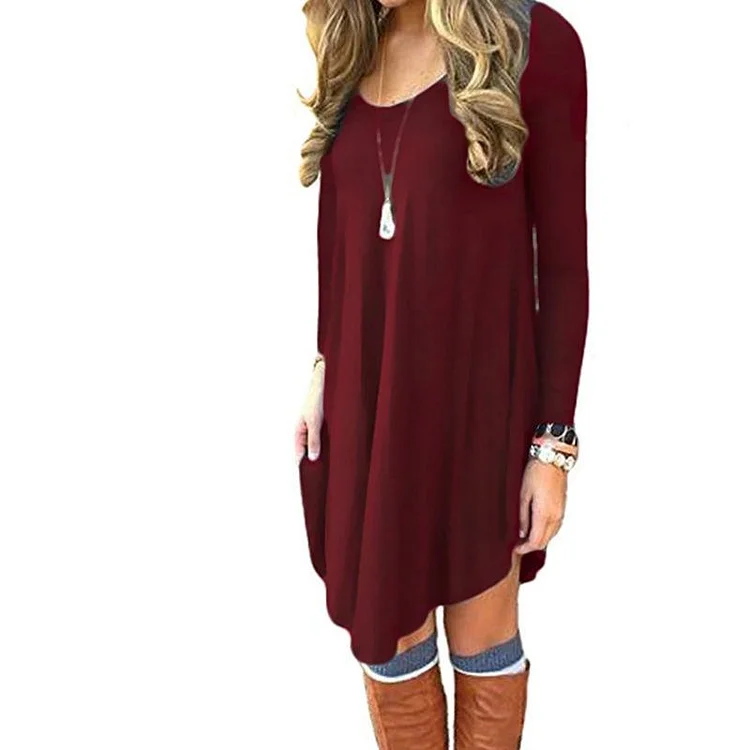 Mayoulove Shirt Dresses V-Neck Long Sleeve Irregular Hem Red Sweater Dress-Mayoulove