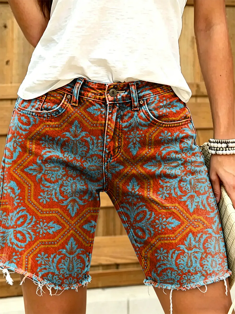 Women's Vintage Floral Print Denim Shorts