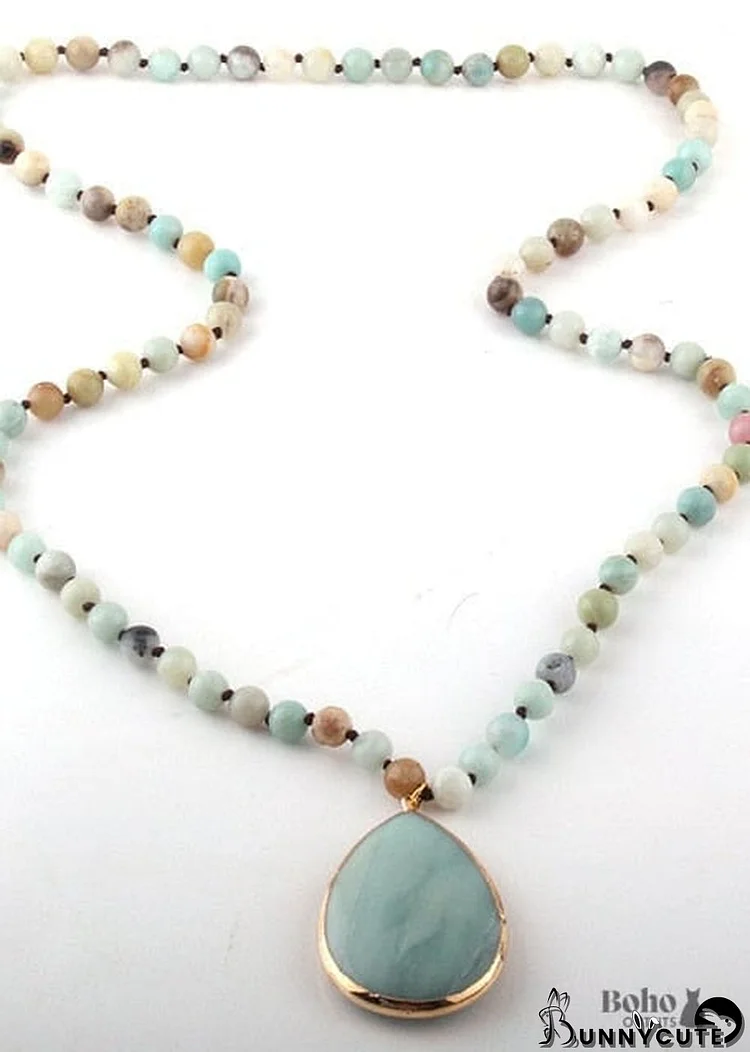 Boho Necklace, RH Rose Quart Amazonite, Oval Blue Pink Natural Stone