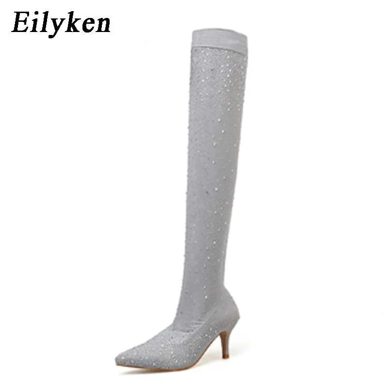 Eilyken 2022 Fashion Runway Crystal Stretch Fabric Sock Boots Pointy Toe Over-the-Knee Heel Thigh High Pointed Toe Woman Boot