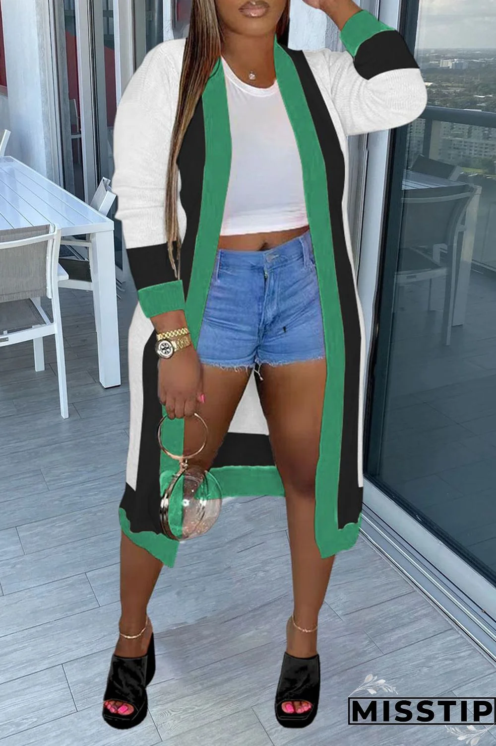 Blue Casual Patchwork Outerwear