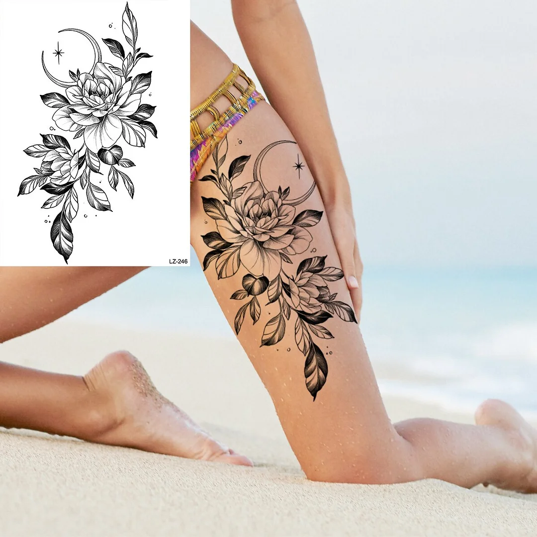 Sdrawing Rose Flower Moon Temporary Tattoos For Women Adult Pendant Peony Lotus Fake Tattoo Calf Thigh Body Art Waterproof Tatoos