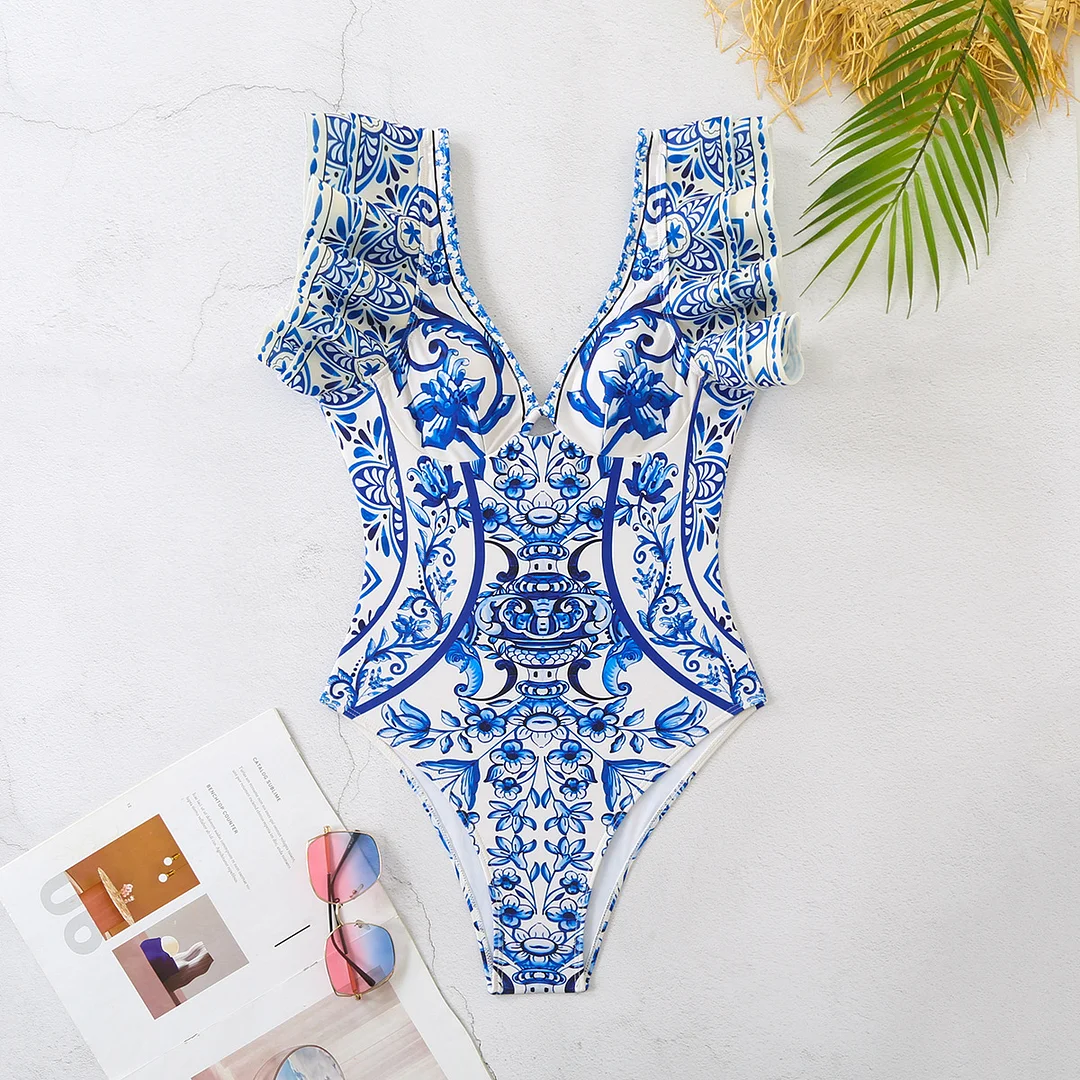 Mongw Shoulder Lotus Side Deep V-Piece Swimsuit Women's Half-Dress Two Sets Of Retro-Print Swimsuit
