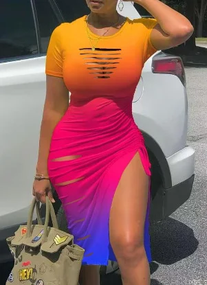 Wongn Wongn Sexy Round Collar Short Sleeve Slit Pleated Dress