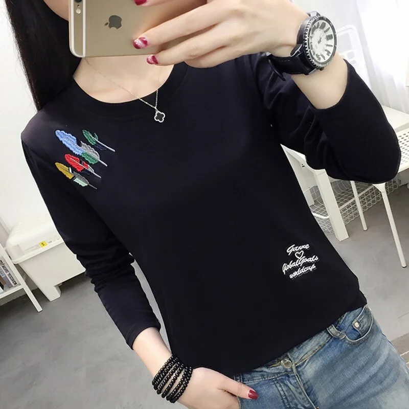 Christmas Gift Plus Size T Shirt Women Clothes 2023 Embroidery Tshirt Long Sleeve Tops Clothing T-Shirts Casual Tee Shirt Femme Poleras Mujer