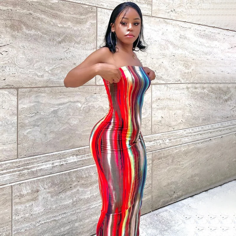 2023 Sleeveless Slash Neck Tye Die Style Skinny Maxi Dress Spring Summer Women Fashion  Streetwear Casual Outfits