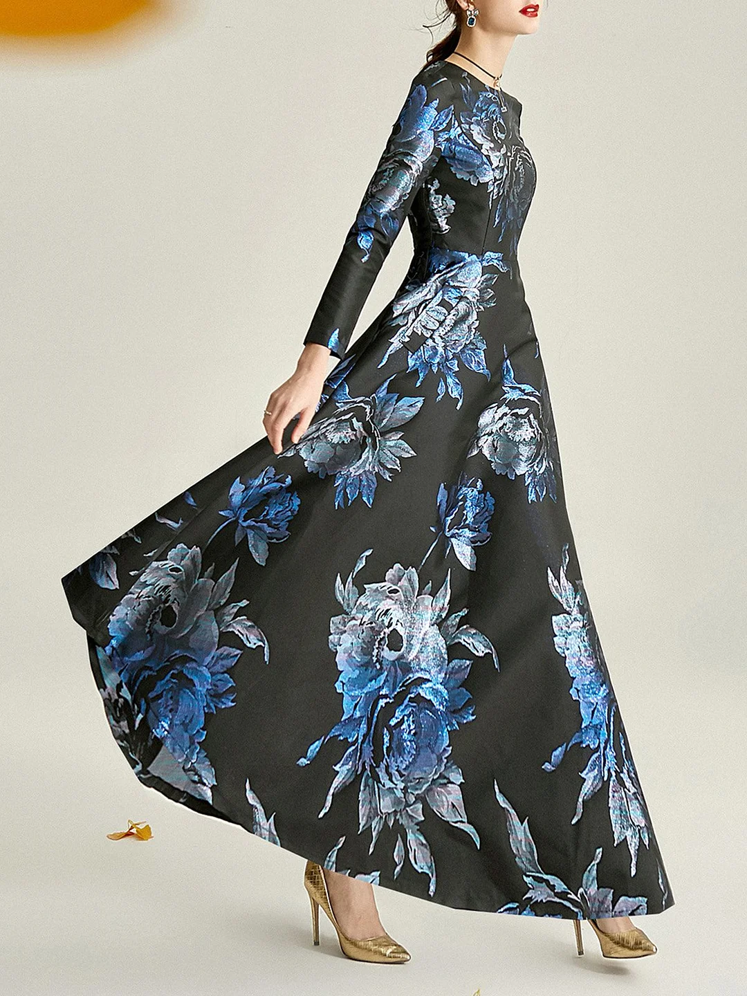 Black-Blue A-Line  Cocktail Party & Evening Floral Maxi Dresses