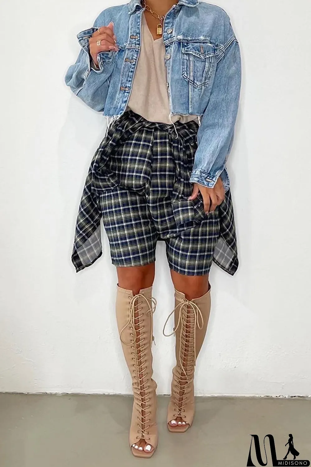 MidiSono - Turquoise Casual Street Plaid Print Bandage Split Joint High Waist Straight Full Print Bottoms
