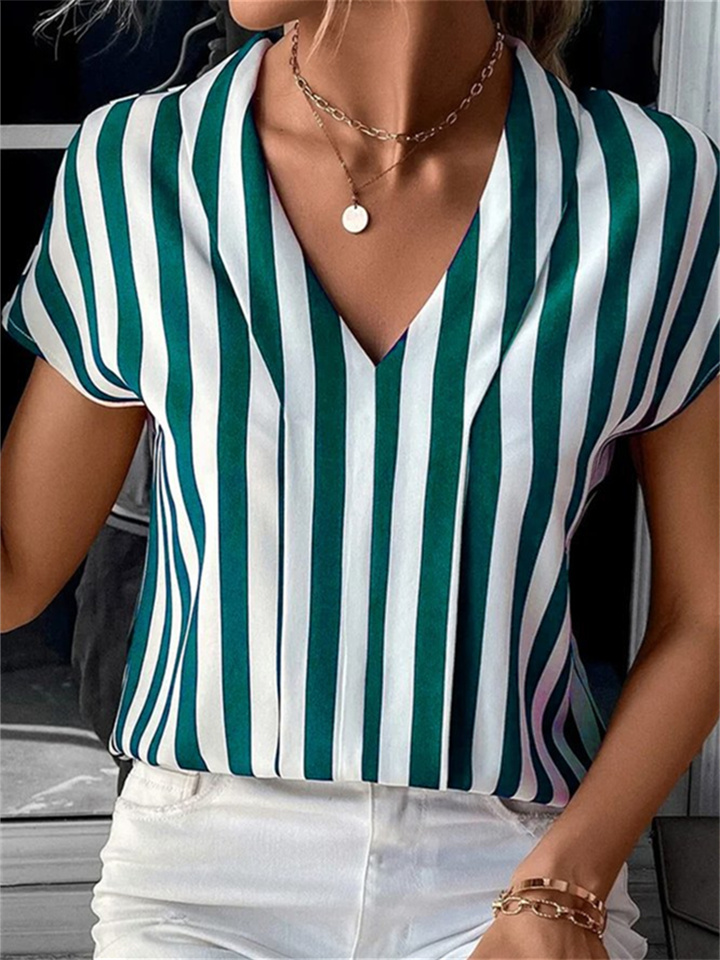 Women's Summer New Striped Loose Printed Top Casual V-Neck Shirt