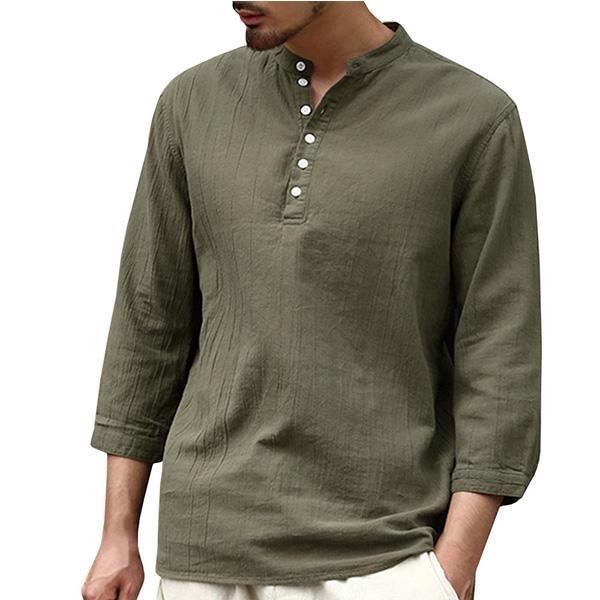 Men Button Solid Cotton Linen Half Sleeve Shirts Linen