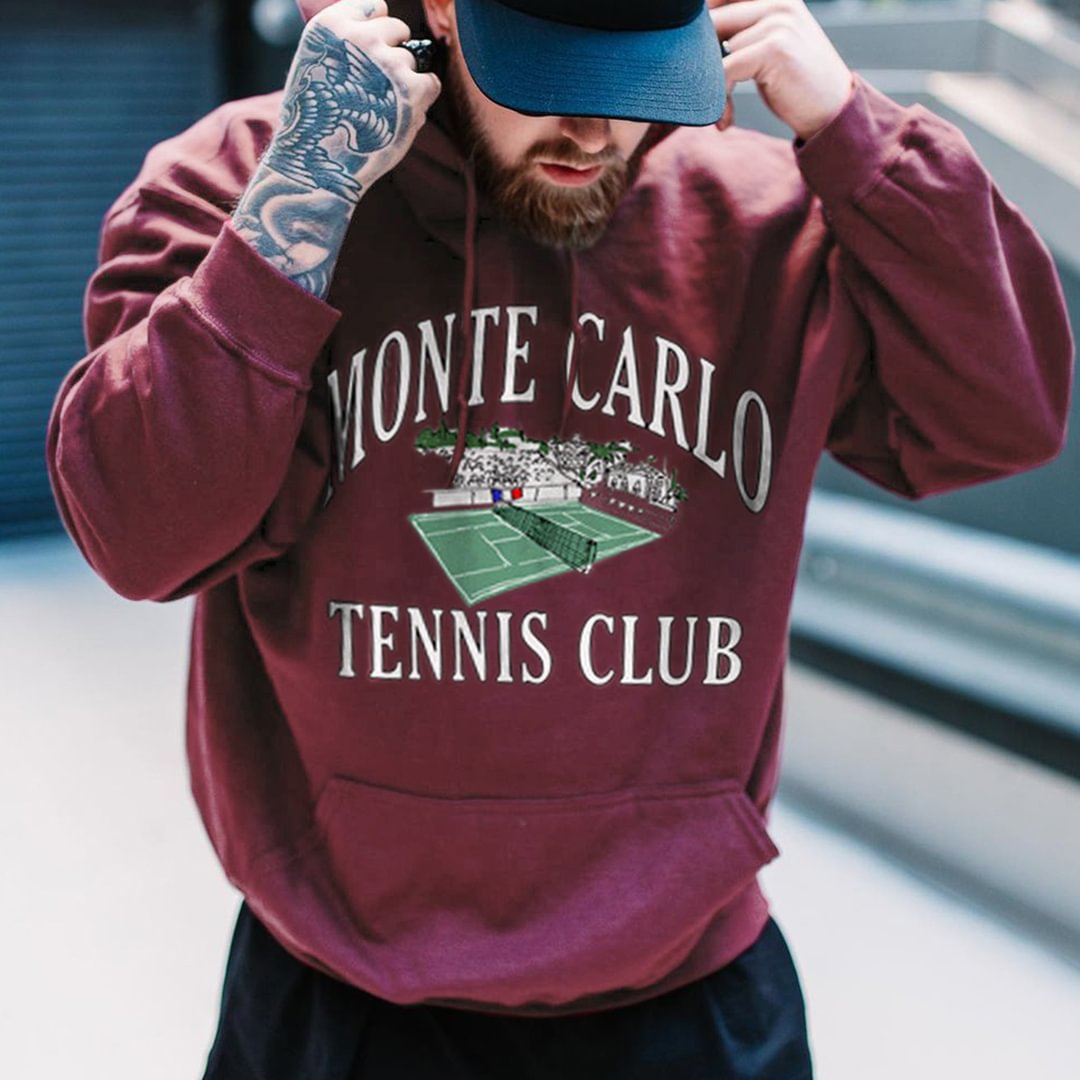Men's Oversized Vintage Monte Carlo Tennis Club Casual Hooded Sweatshirt