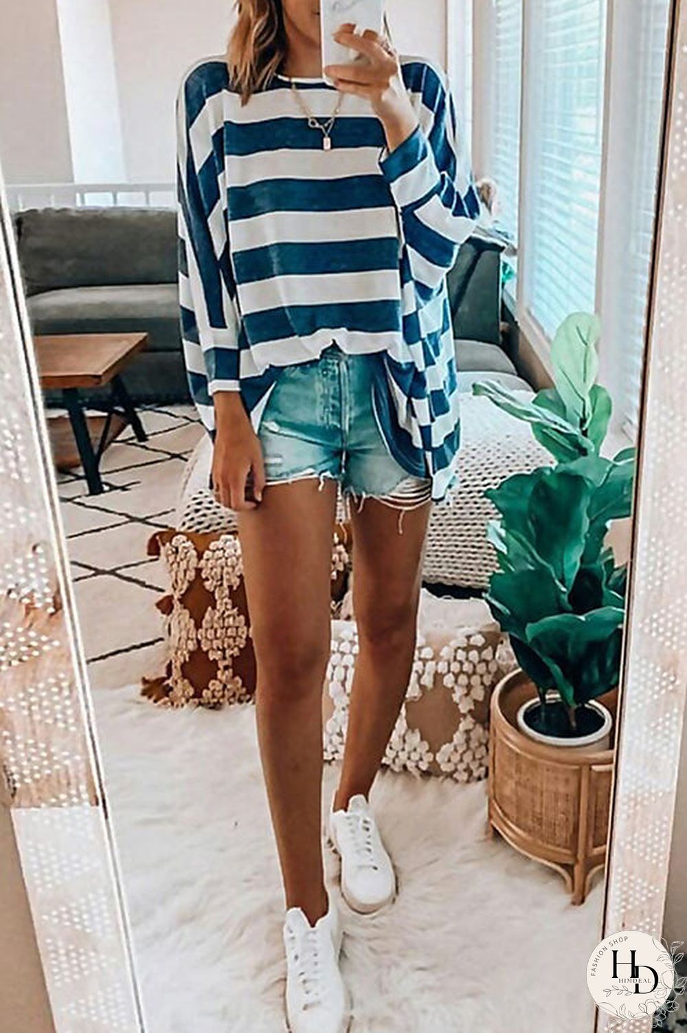 Stripe O Neck Bat Blouse
