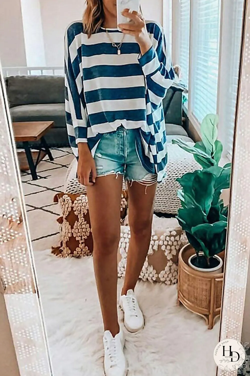 Stripe O Neck Bat Blouse