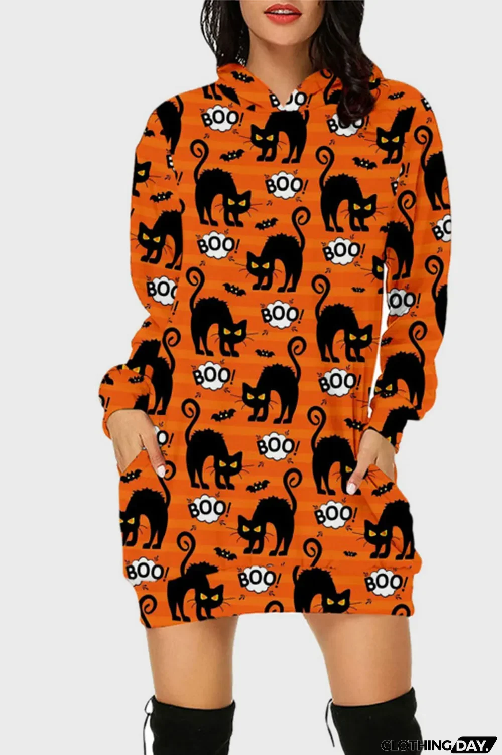 Black Street Print Split Joint Hooded Collar Long Sleeve Dresses