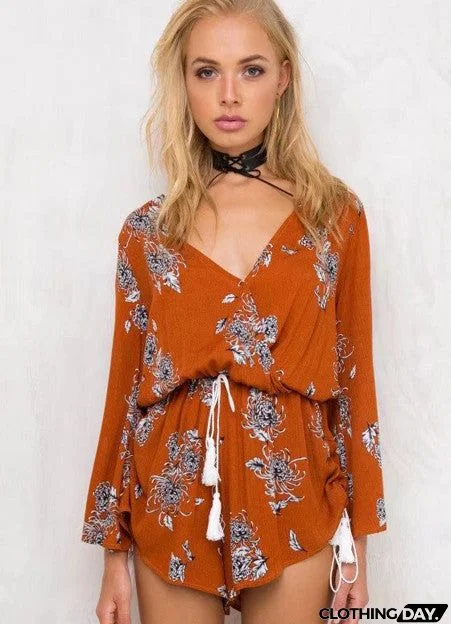 V Neck Floral Print Long Sleeve Romper