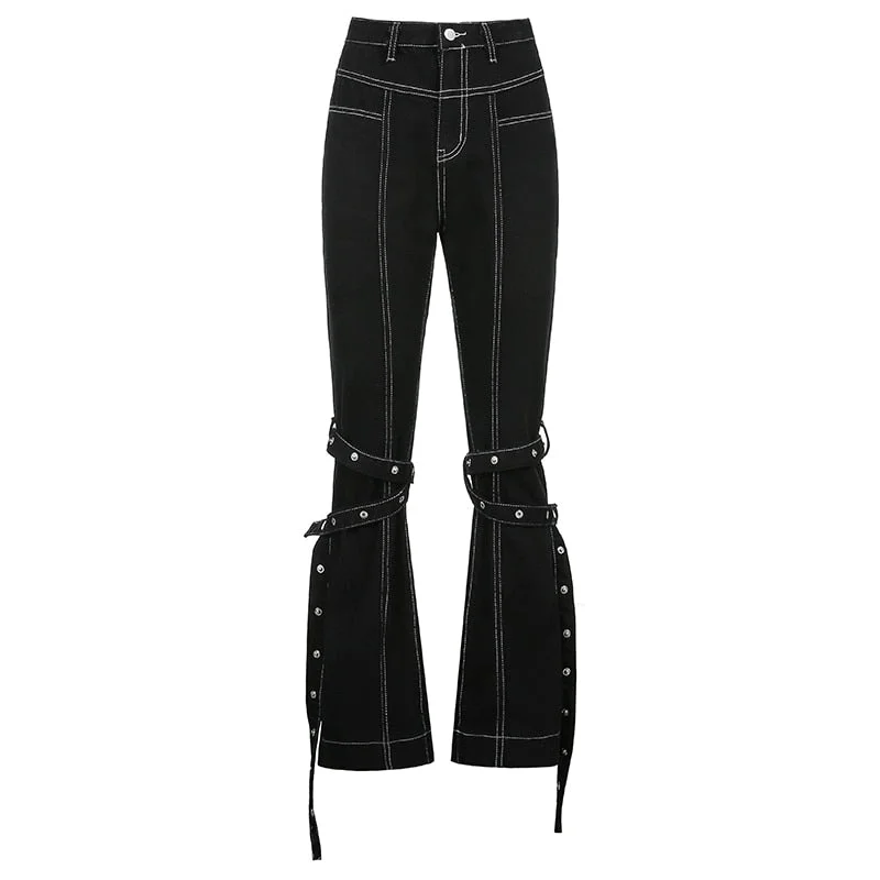 HEYounGIRL White Thread Casual Black Denim Pants Hip Hop High Waist Jeans Woman with Strips Harajuku Fashion Trousers Ladies