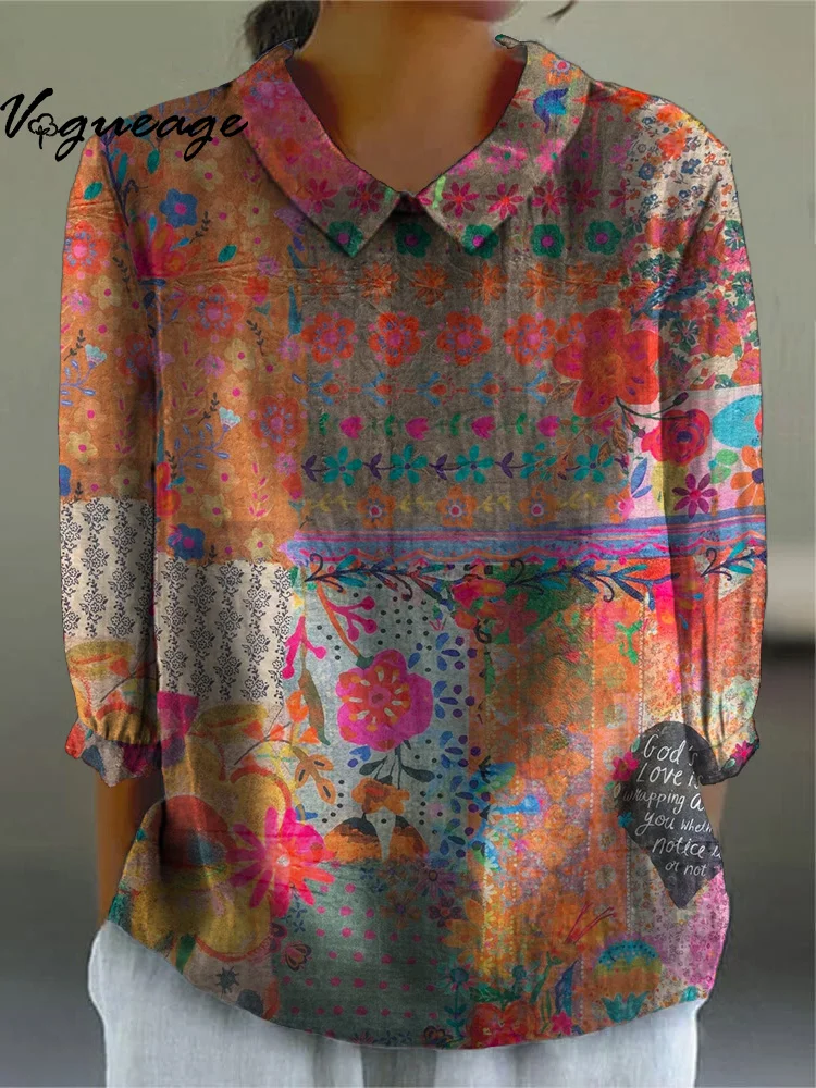 Multicolor Flower Print Doll Collar Women Shirt