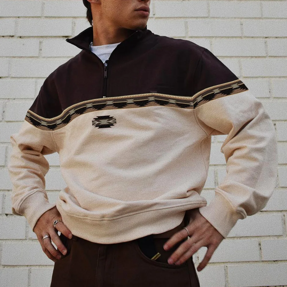 Men's Vintage Print Polo Neck Sweatshirt-barclient