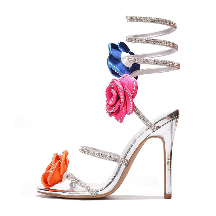 Metallic Silver Rhinestone Sandals Multicolor Floral Ankle Wrap Heels |FSJ Shoes