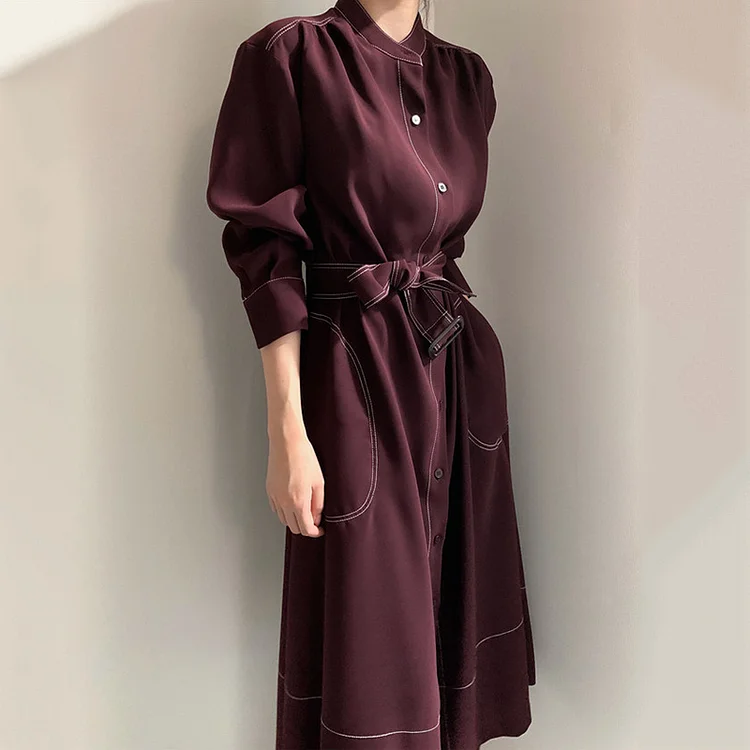 Simple Loose Single Breasted Tie Trench Dress