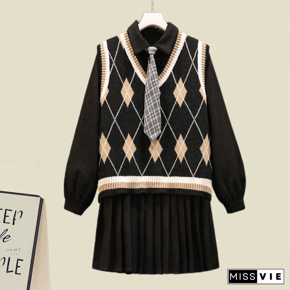 Lapel Tie Pleated Shirt Dress Rhombus Print Vest Two Pieces Set