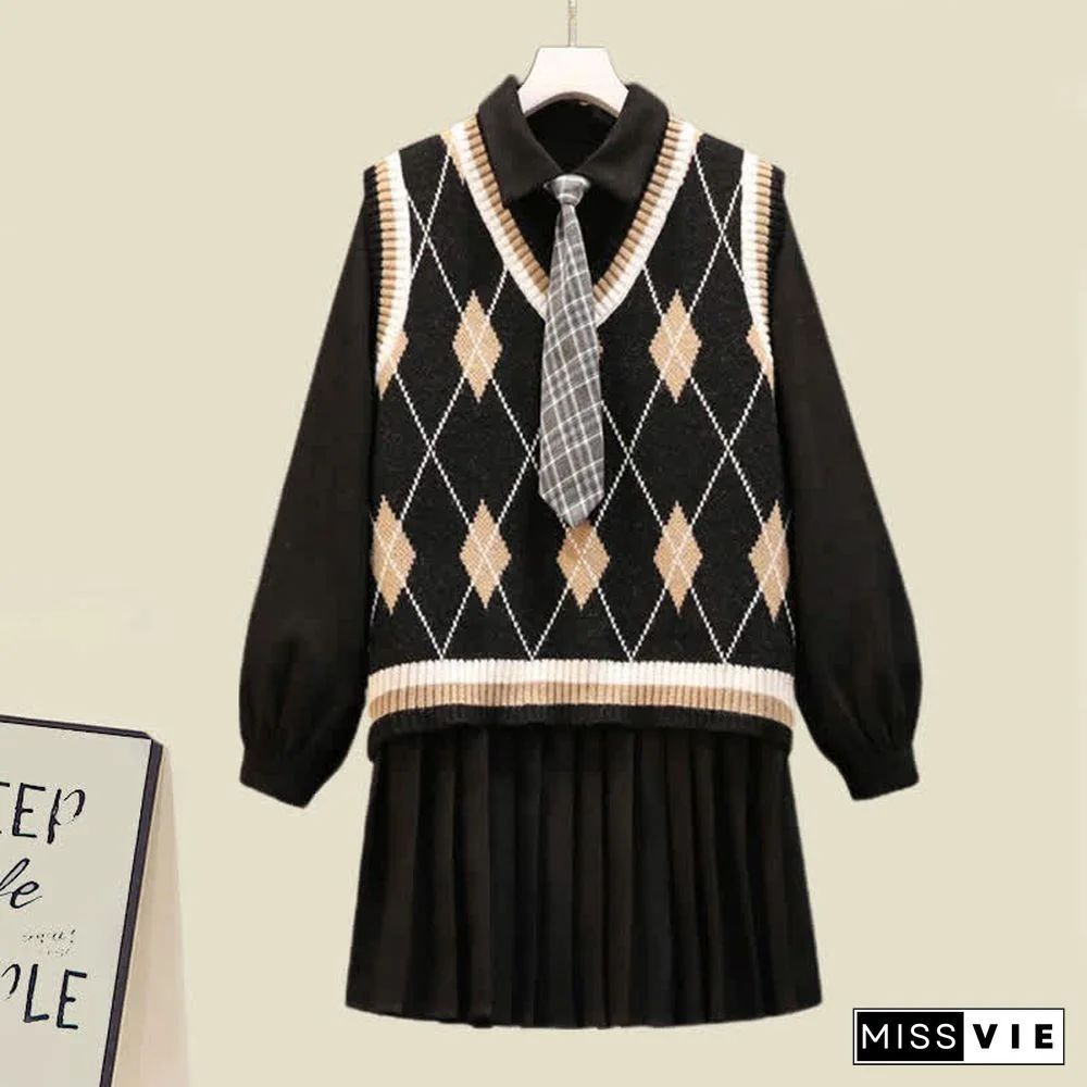 Lapel Tie Pleated Shirt Dress Rhombus Print Vest Two Pieces Set