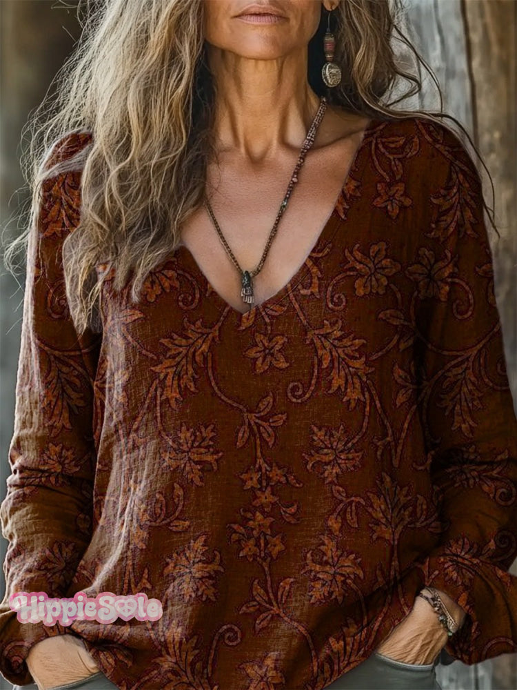 Women’s Folk Flower Print Casual V Neck Comfortable Cotton Shirt Multicolor / S