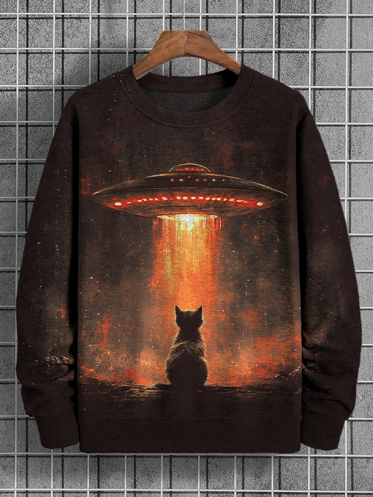 Men's Cat And UFO Sci-Fi Art Print Casual Sweatshirt