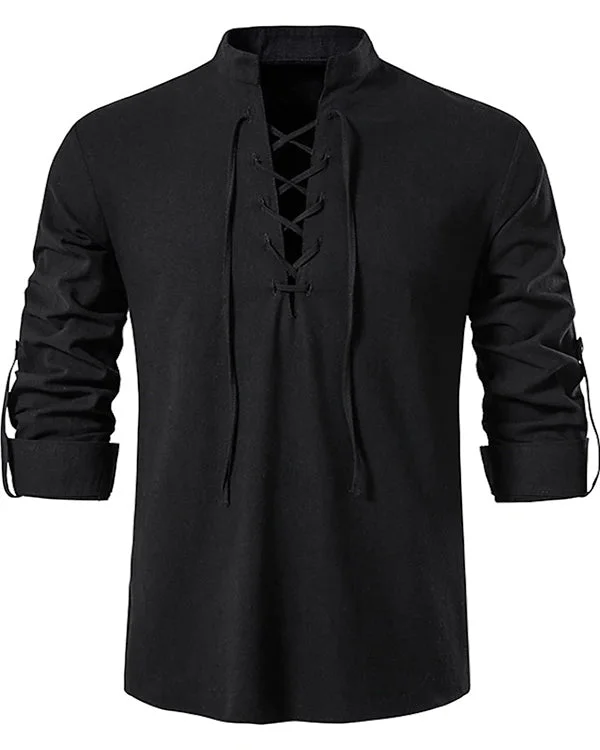 Men's Stand Collar Casual Patchwork Lace-Up Long Sleeve Top
