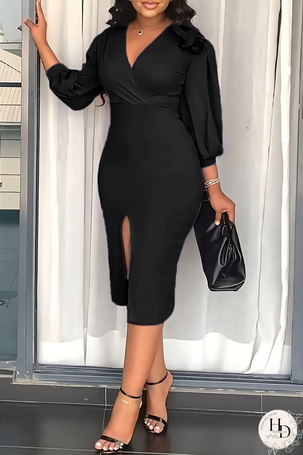 Blue Fashion Casual Solid Split Joint Slit V Neck Long Sleeve Dresses