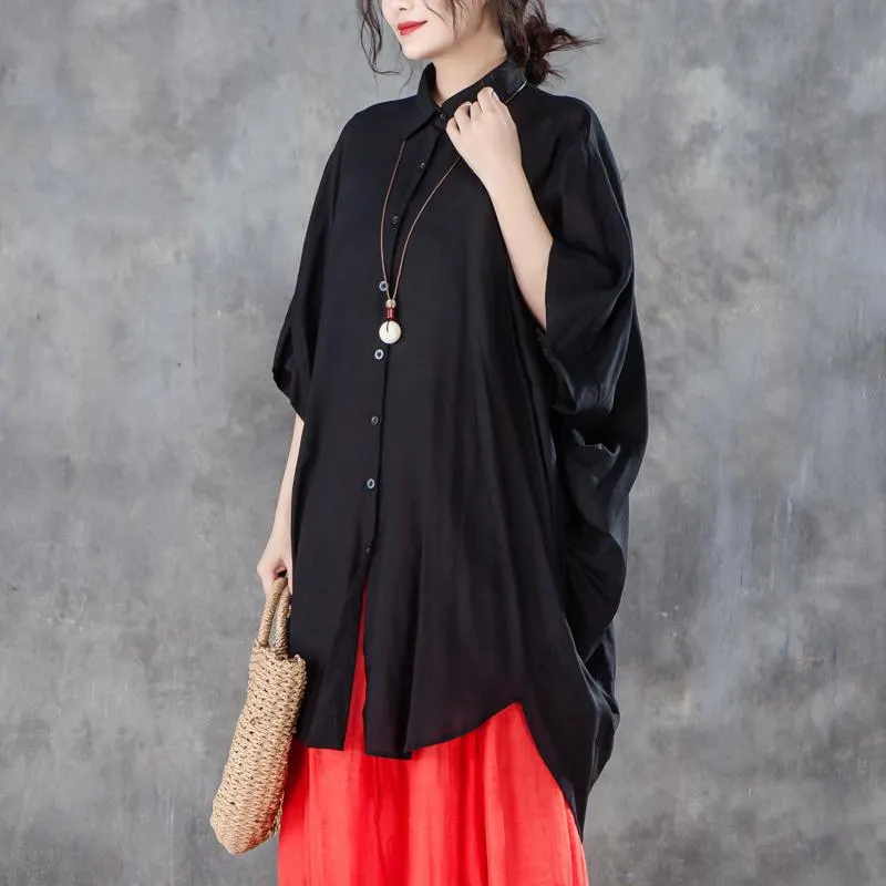 Fine summer t shirt Loose fitting Loose Women Single Breasted Polo Collar Black Shirt