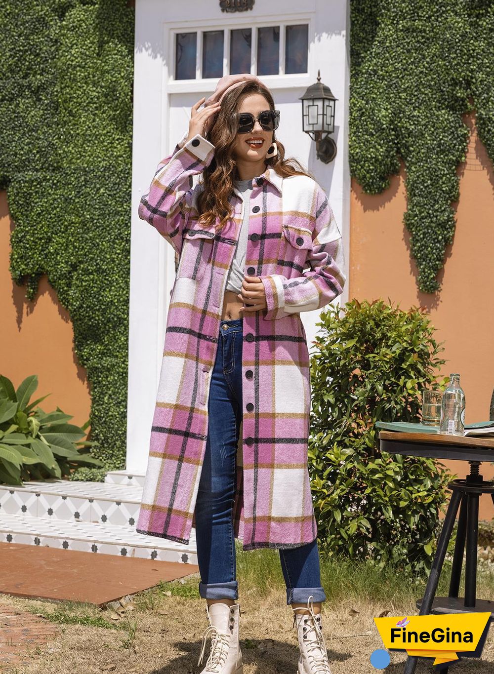 Autumn And Winter Classic Plaid Coat Ladies Lapel Double Side Pockets Long Loose All-match Coat Jackets