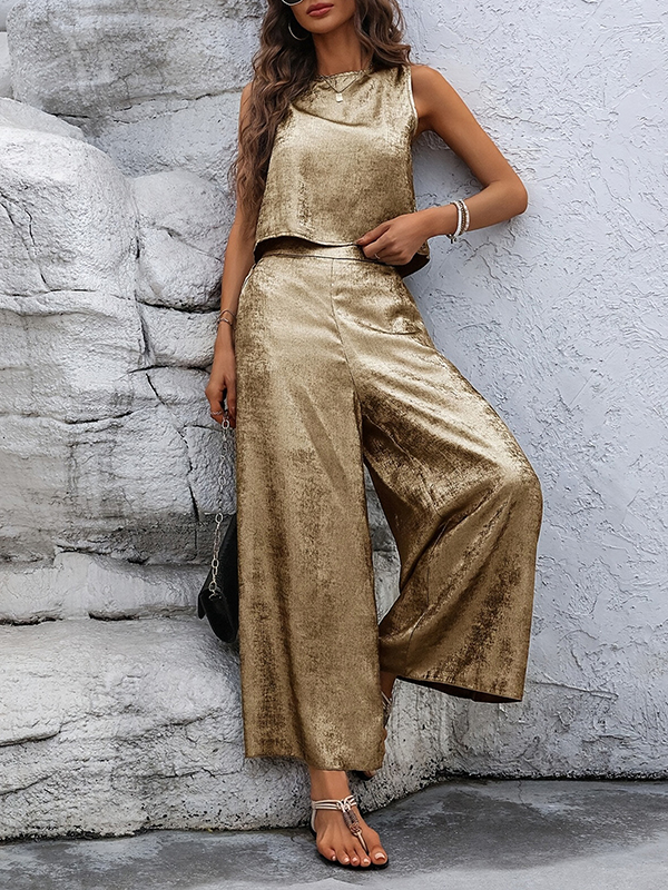 Loose Sleeveless Hollow Shiny Split-Joint Round-Neck Two Pieces Set