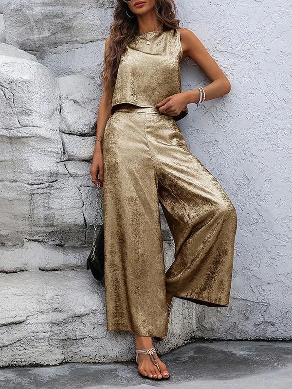 Loose Sleeveless Hollow Shiny Split-Joint Round-Neck Vest Top + Pants Bottom Two Pieces Set