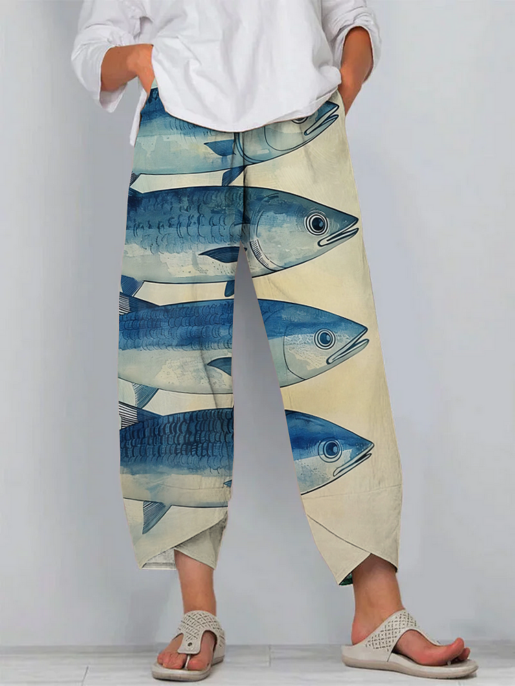 Vintage Sardines Art Casual Cropped Pants