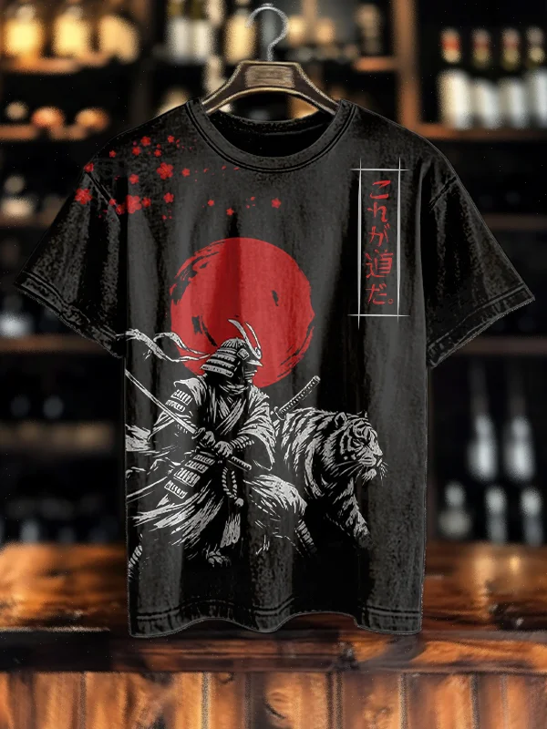 Men's Japanese Samurai And Tiger Print Cotton Washed T-Shirt