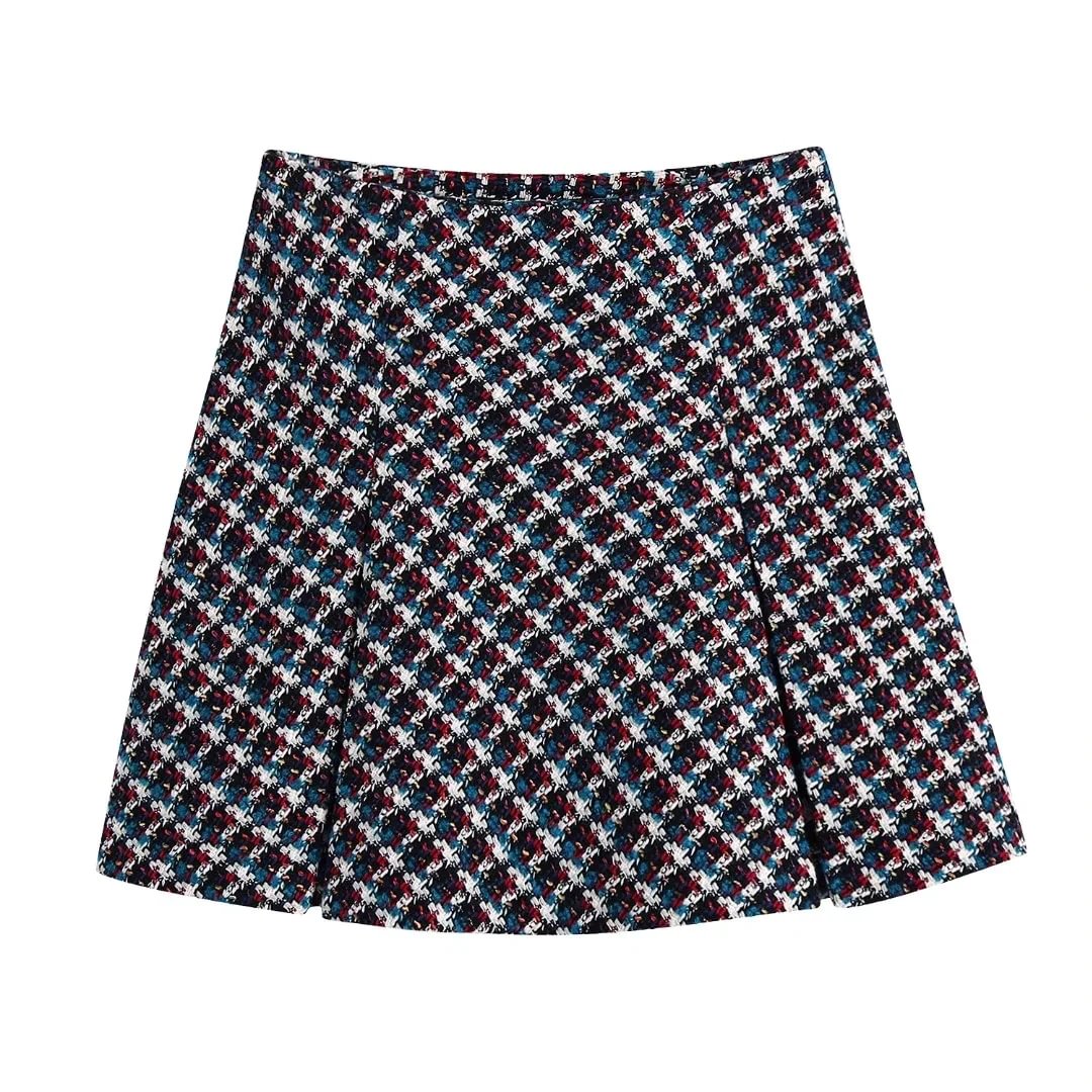 Fongt Women Fashion Double Breasted Tweed Check Blazers Coat Vintage Long Sleeve Female Outerwear And High Waist Mini A-line Skirt