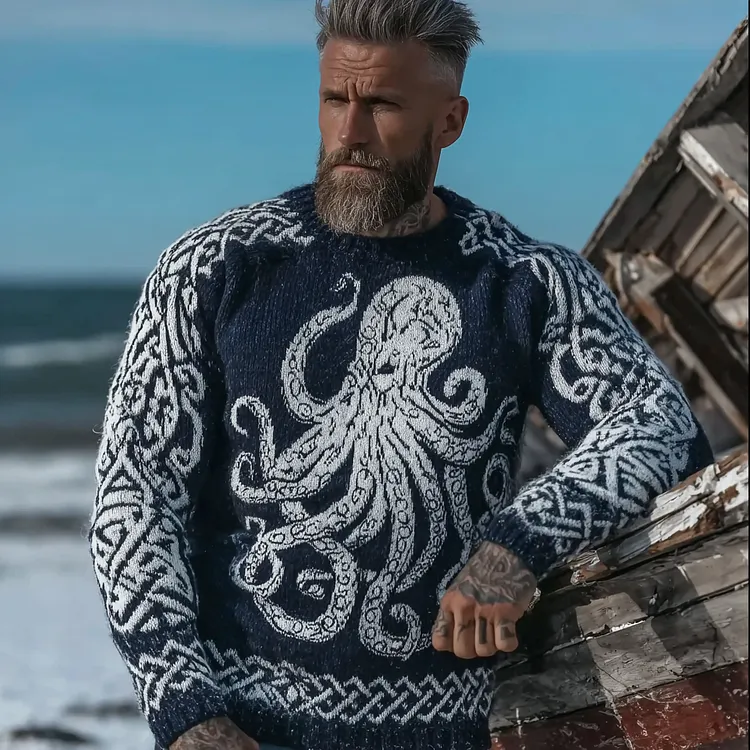 Vintage Viking Celtic Style Octopus Pattern Men's Sweater