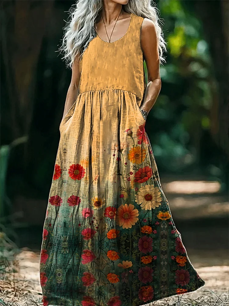 Women's Floral Art Print Round Neck Sleeveless Cotton Pocket Dresses