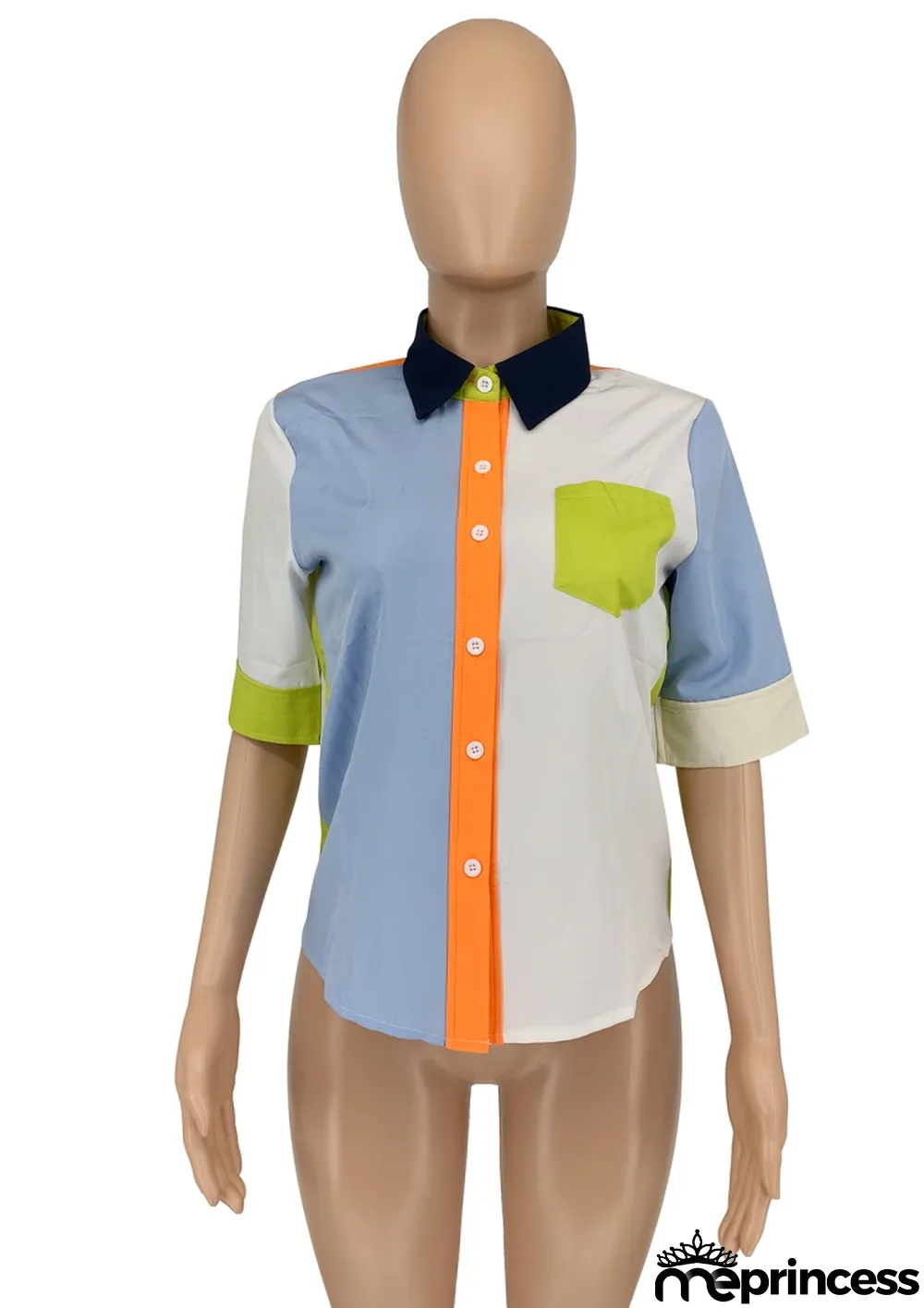 Women Autumn Blue Modest Turn-down Collar Half Sleeves Color Blocking Pockets Regular Shirt