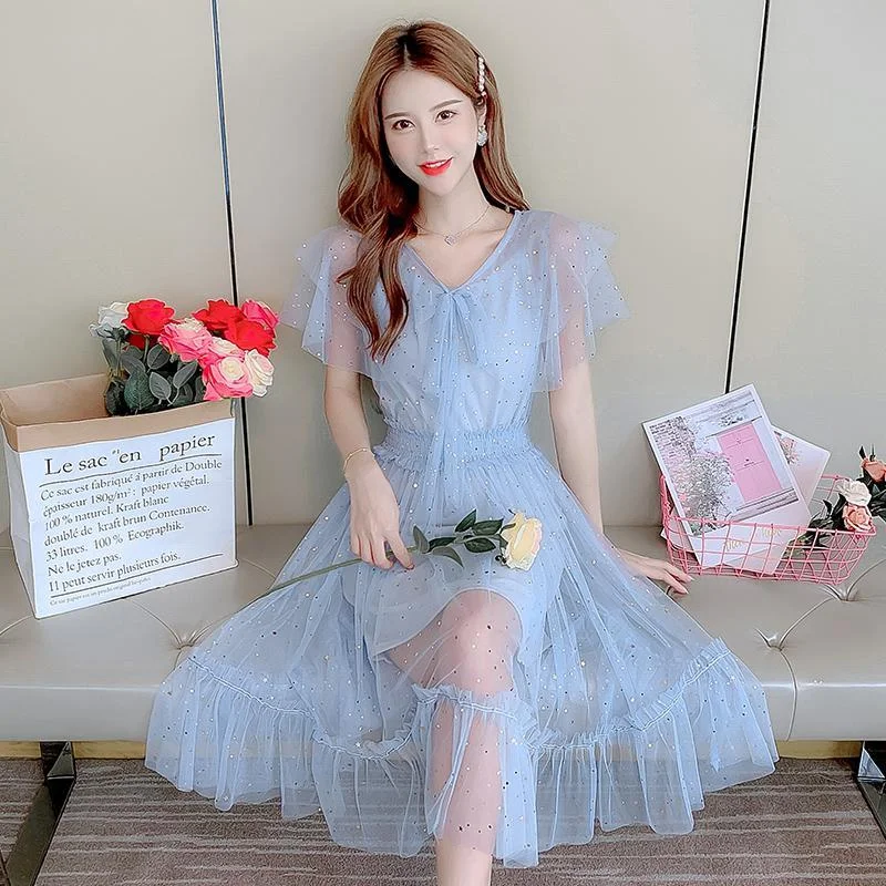 Jangj Mesh Dress Female 2022 Summer Solid Color French Fairy Temperament Mid-length Short Sleeved Gauze Skirt Women's Clothing