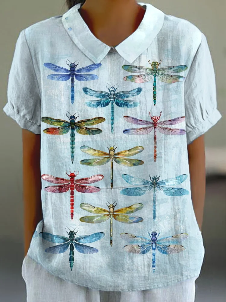 Comstylish Watercolor Art Dragonflies Print Linen Blend Shirt