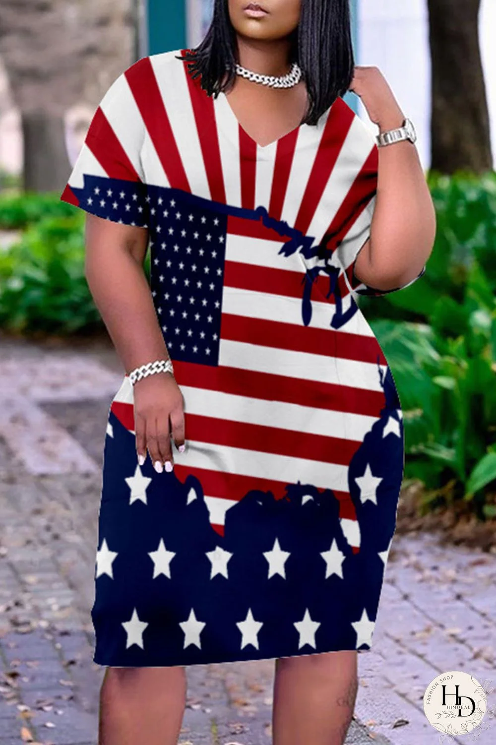 White Blue Red Casual Print Patchwork V Neck Dresses