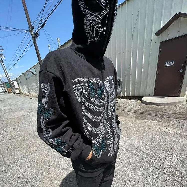 Streetwear Rhinestones Skull Men's Oversized Full Zip Up Hoodie Sweatshirts at Hiphopee