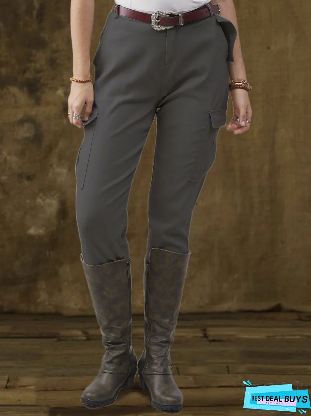 Casual Plus Size Cotton-Blend Solid Pants