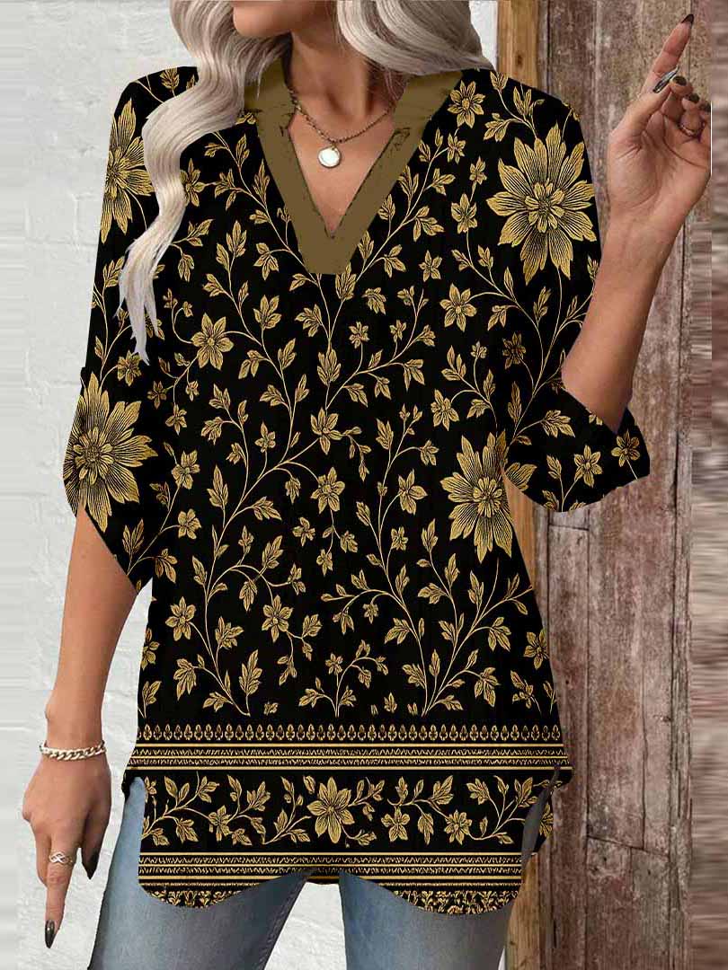 Women Retro, Green DZGA0334 3/4 Sleeve V-neck Printed Graphic Button Tops